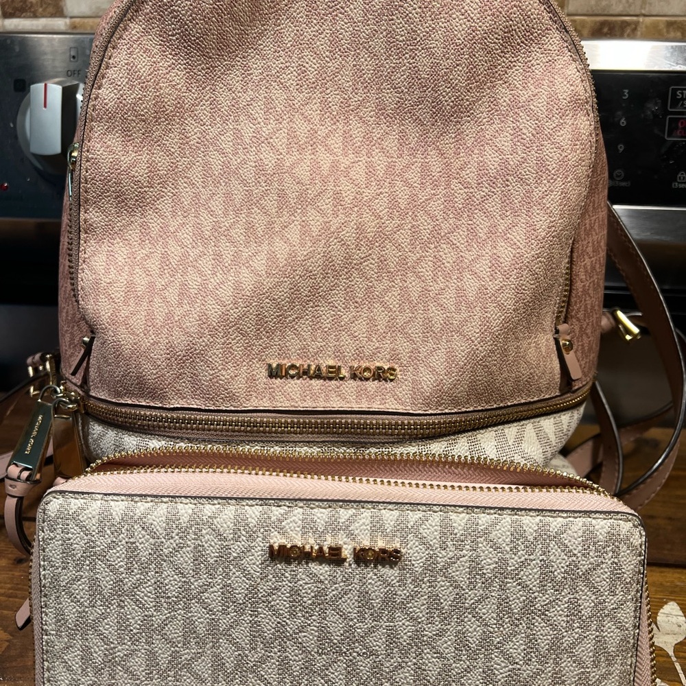 Michael Kors Pink and Cream Backpack with Wallet